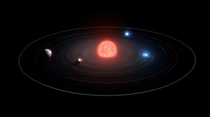 Artistic depiction of the TRAPPIST-1 planetary system with seven planets orbiting a glowing red dwarf star in deep space