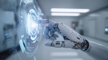 Close-up of an AI robot hand interacting with a glowing holographic control panel in a minimalist futuristic setting.