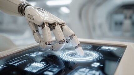 Close-up of an AI robot hand interacting with a glowing holographic control panel in a minimalist futuristic setting.
