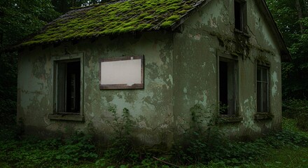 Fototapeta premium Abandoned Rustic House Structure with Moss Covered Roof in Overgrown Landscape