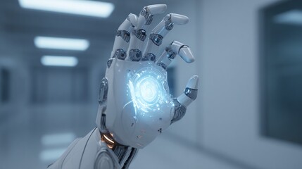 Futuristic close-up shot of an AI robot’s hand using a glowing holographic control in a clean minimalist environment.