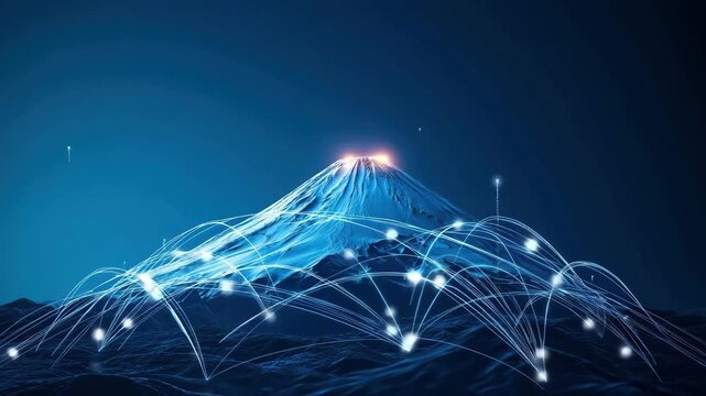 Futuristic mountain landscape with glowing network connections, digital data flow, blue technology atmosphere, snowy peak