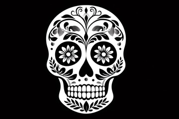 White calavera skull celebrating day of the dead on black background