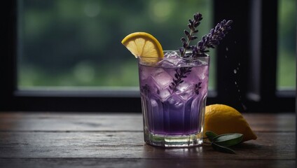 Refreshing lavender lemonade with lemon slice on rustic wooden surface. Generative AI