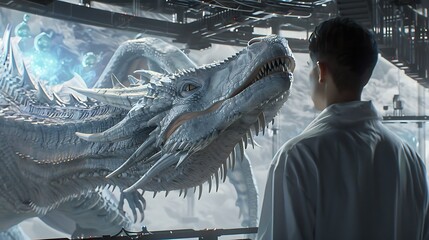 A laboratory scene showing a massive dragon restrained in a high-tech containment chamber, scientists using advanced bioengineering equipment to modify its DNA strands displayed on holographic screen