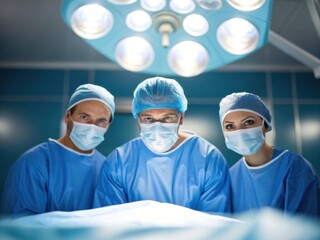Three surgeons in blue scrubs and masks under operating room lights