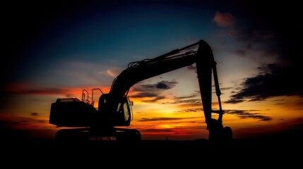 Silhouette of a construction excavator at sunset or sunrise with vibrant sky displaying shades of red orange yellow and 