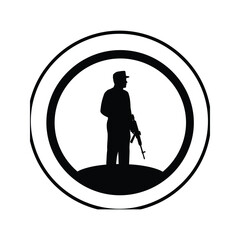 Obraz premium Silhouette of Soldier with Rifle in Circular Frame Military Security Guard Protection