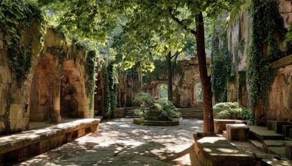 Naklejka premium Sunlit Courtyard Ruin Garden Peaceful Summer Retreat