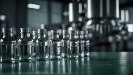 Pharmaceutical vials filled with clear liquid ready for medical production. Generative AI