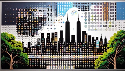 bstract colorful skyline city dot art background