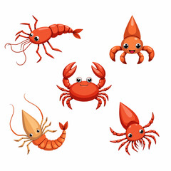 A Colorful Collection of Cartoon Sea Creatures Featuring Shrimp, Crab, and Squid in Vibrant Shades of Red for Educational and Fun Illustrations