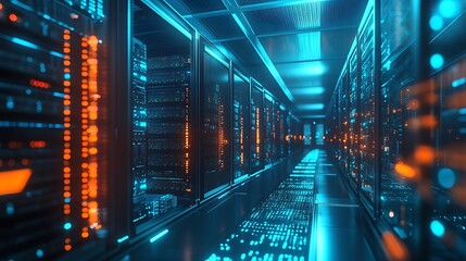 A server room glowing with digital crypto-mining rigs and blockchain transaction visuals 