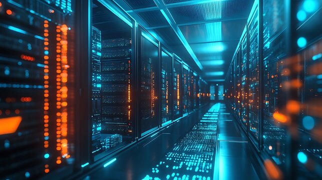 A server room glowing with digital crypto-mining rigs and blockchain transaction visuals 