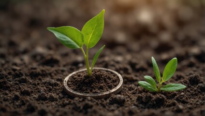 Seedling growing from coin shows financial growth and investment success. Generative AI