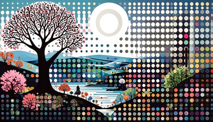 city ​​layered paper style futuristic pearlescent illustration city landscape , metal dot art