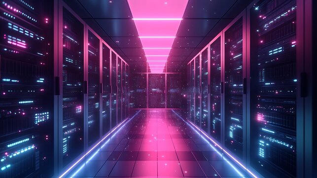 A server room glowing with digital crypto-mining rigs and blockchain transaction visuals 
