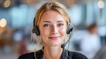 Close-up portrait of smiling blonde female call center agent with headset and microphone, side view, looking at camera, soft focus office background, professional customer service representative