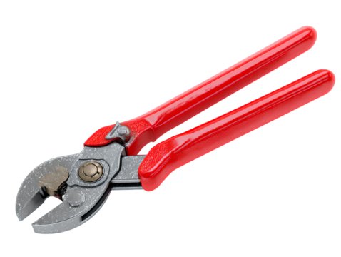  Heavy duty bolt cutter with bright red rubber handles on a white background