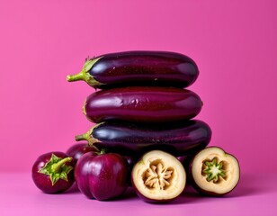 Eggplant stack against vibrant background, ideal for photos, high noon lighting, Position subject with clear, open space at top and bottom.