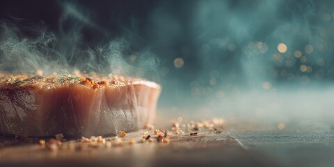 Steaming gourmet food dish with a smoky aesthetic