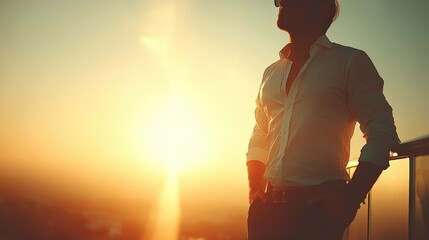 Minimal concept of Confident executive leaning on glass railing in atrium, blurred city outside, morning light, hands in pockets, realistic corporate portrait, calm authority, modern architecture,