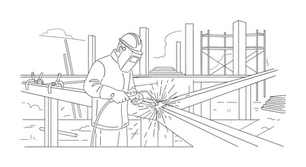 Welder in protective gear sparks intensely while joining metal beams on a construction site.