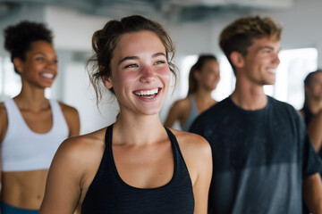 Group of young smiling people in sportswear enjoying a fitness class in a bright studio