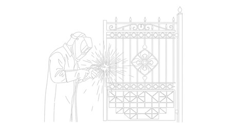 Obraz premium Welder in protective gear sparks while repairing ornate metal gate