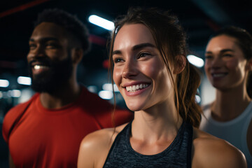 Happy diverse group of young adults smiling and enjoying a positive moment at the gym workout session