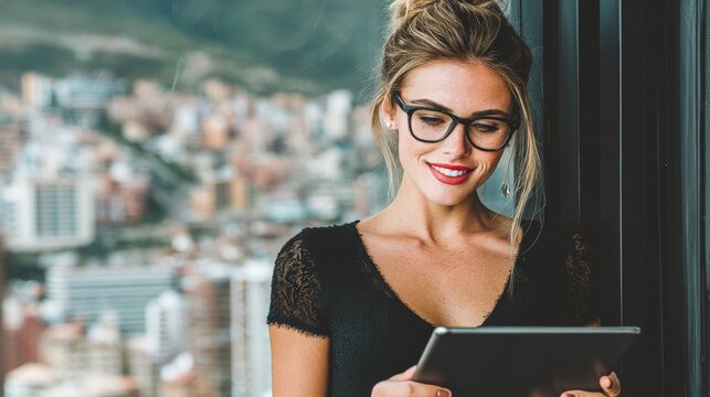 Minimal concept of Businesswoman standing near window with tablet, soft backlight, cityscape blur, reflective pose, realistic corporate portrait, ambition, professionalism, subtle smile, calm