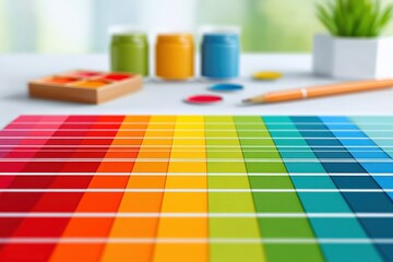 Minimal concept of Designer reviewing brand guidelines on tablet with colleague, color swatches, typography samples, bright desk area, realistic creative collaboration photo, alignment, detail,