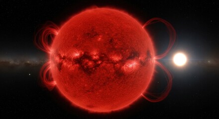 Naklejka premium Vibrant Red Star Displaying Intense Magnetic Fields and Energy Radiations