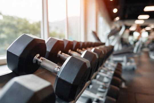 Close-up of black hexagonal dumbbells lined up in a modern gym with natural light streaming through large windows