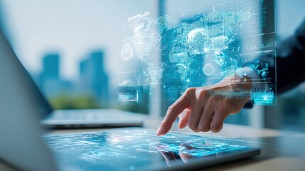 Digital Transformation: Man Interacting with Futuristic Interface on Tablet, Emphasizing Technology and Global Connectivity