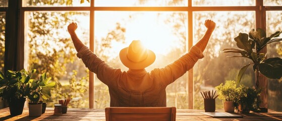 Obraz premium Person raises arms in joy near window on desk with plants. Sun shines on cryptocurrency trading from window during the day.