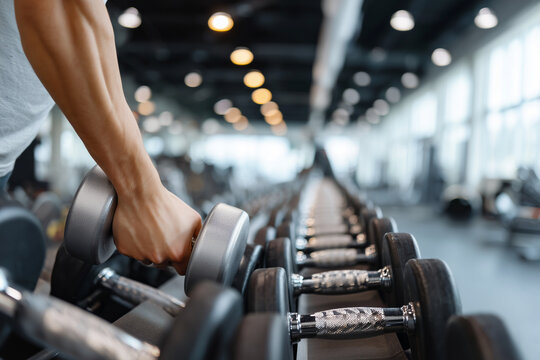 Close-up of a person picking up dumbbell in a modern gym with rows of weights in the background