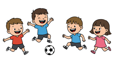 Four cheerful cartoon children actively playing a game of soccer.