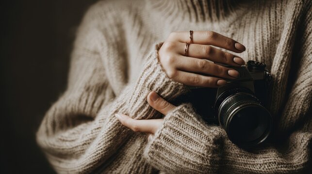Close-up of hands holding a vintage camera in a knitted sweater.
