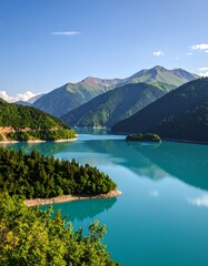 Turquoise lake nestled in mountains