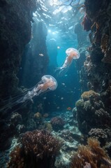 Sunlit Underwater Reef with Jellyfish and Coral