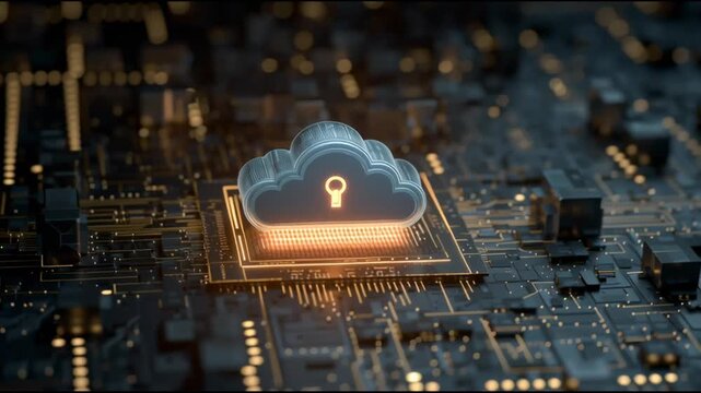 Modern visualization of cloud architecture secured by encryption symbols and a digital lock, representing advanced infrastructure protection.