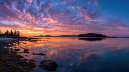 Colorful sunset over a calm coastal waterway
