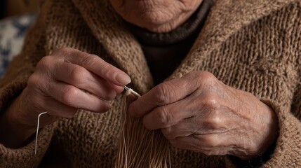 Fototapeta premium Close-up view of elderly hands engaged in needlework.