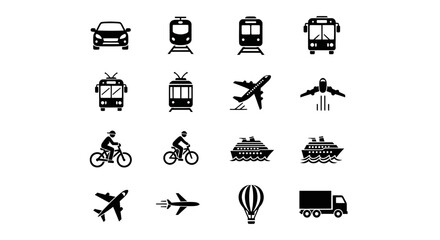 Vector Icon Set of Various Transportation Modes Including Land, Air, and Sea Vehicles in Black Silhouette Style
