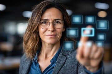 Minimal concept of Businesswoman interacting with floating holographic interface in airy office void, gestures controlling data panels, creativity, empowered leadership, digital painting style, soft