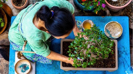 A person meticulously tends to a bonsai tree.