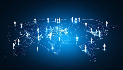 Global network visualized as a world map with interconnected nodes representing people