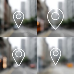 Fototapeta premium Four location marker icons set against a blurred city street scene.