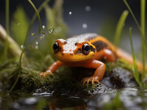 Close-up of an orange gecko resting on a rock near water, surrounded by green and orange foliage.